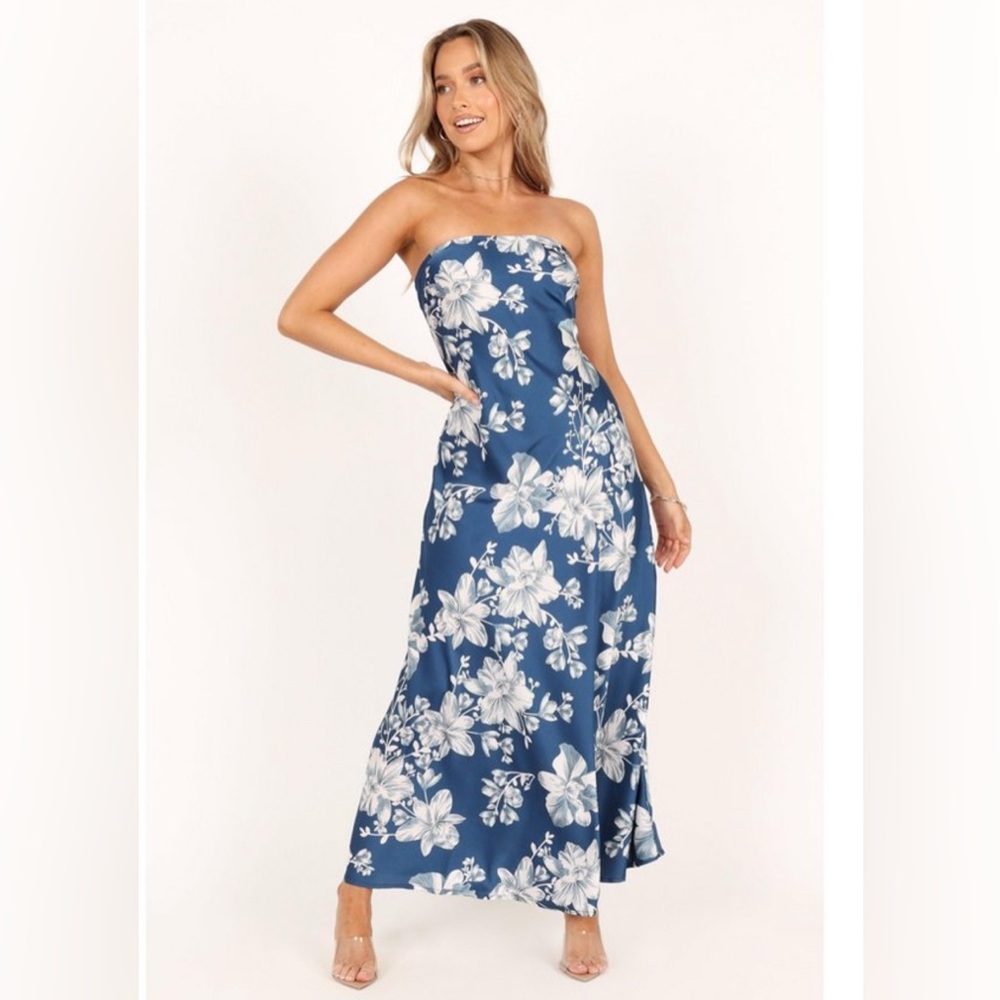 Petal & Pup Strapless Floral Dress in Blue and White